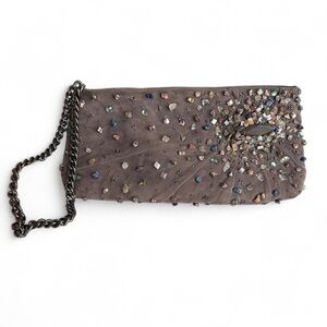 Malìparmi Suede Leather Beaded Clutch With Satin Lining, Pockets, & Zip Closure